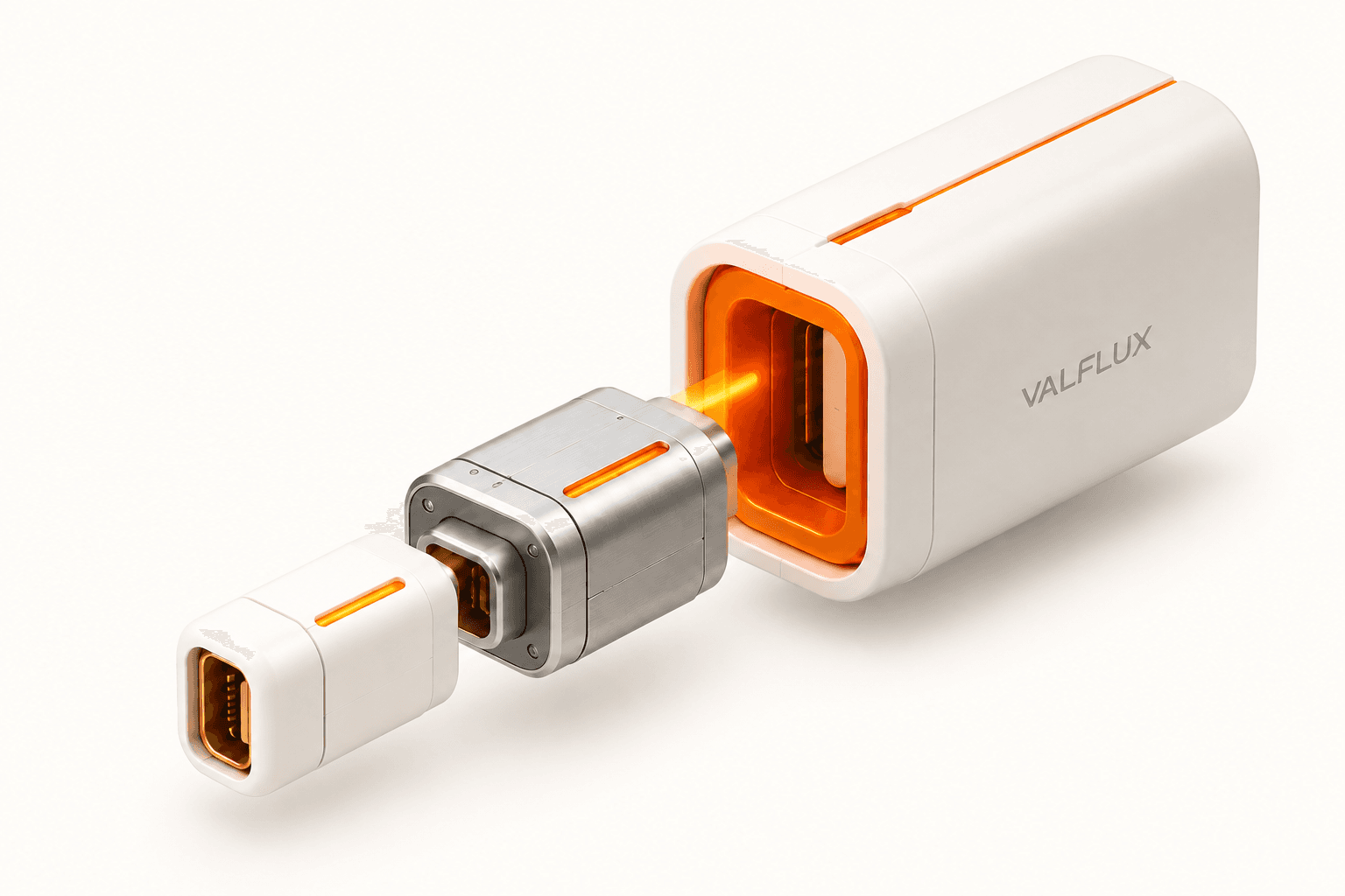 Precision connectors in white ceramic, brushed metal and orange illustrate composable market-building interfaces.